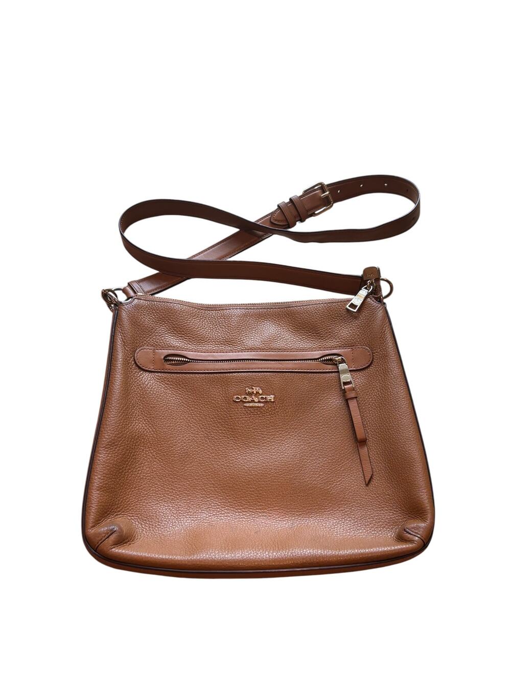 Coach Pebble Leather Crossbody Bag — Saddle Tan, Gold Hardware, Zip Pocket